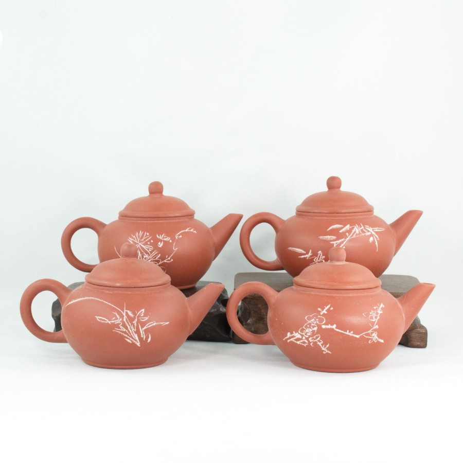 Teaware The Chinese Tea Shop | Yixing 1980'S #6 Hongni Flower And Poem Series Set Of 4 Yixing Teapots - Mei Lan Zhu Qu (Plum, Orchid, Bamboo, Chrysanthemum)