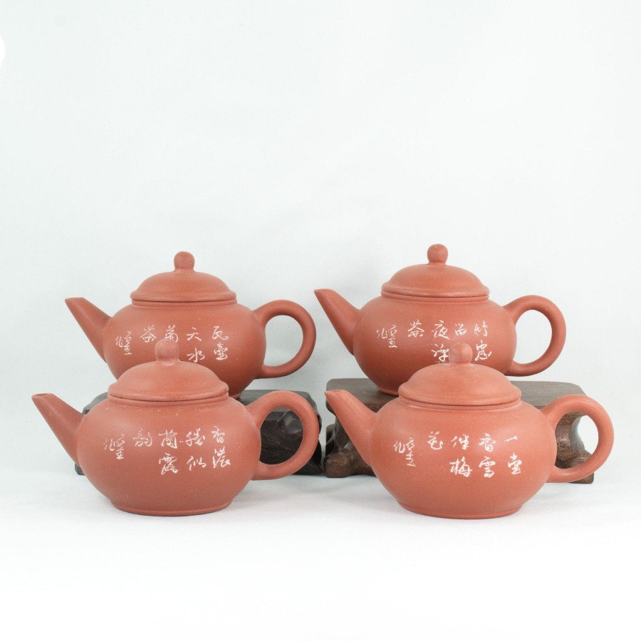 Teaware The Chinese Tea Shop | Yixing 1980'S #6 Hongni Flower And Poem Series Set Of 4 Yixing Teapots - Mei Lan Zhu Qu (Plum, Orchid, Bamboo, Chrysanthemum)