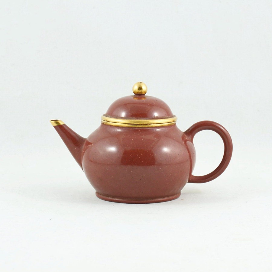 Teaware The Chinese Tea Shop | Yixing Gold Mounted Shuimo Polished Pear Shape Chinese Teapot