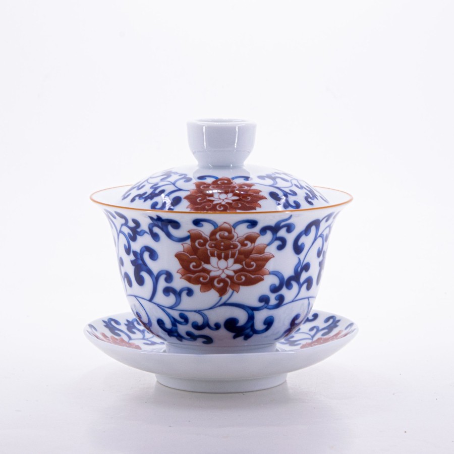 Teaware The Chinese Tea Shop | Brow Rim Blue And White Big Red Flower Porcelain Chan Zhi Lian Design Gaiwan