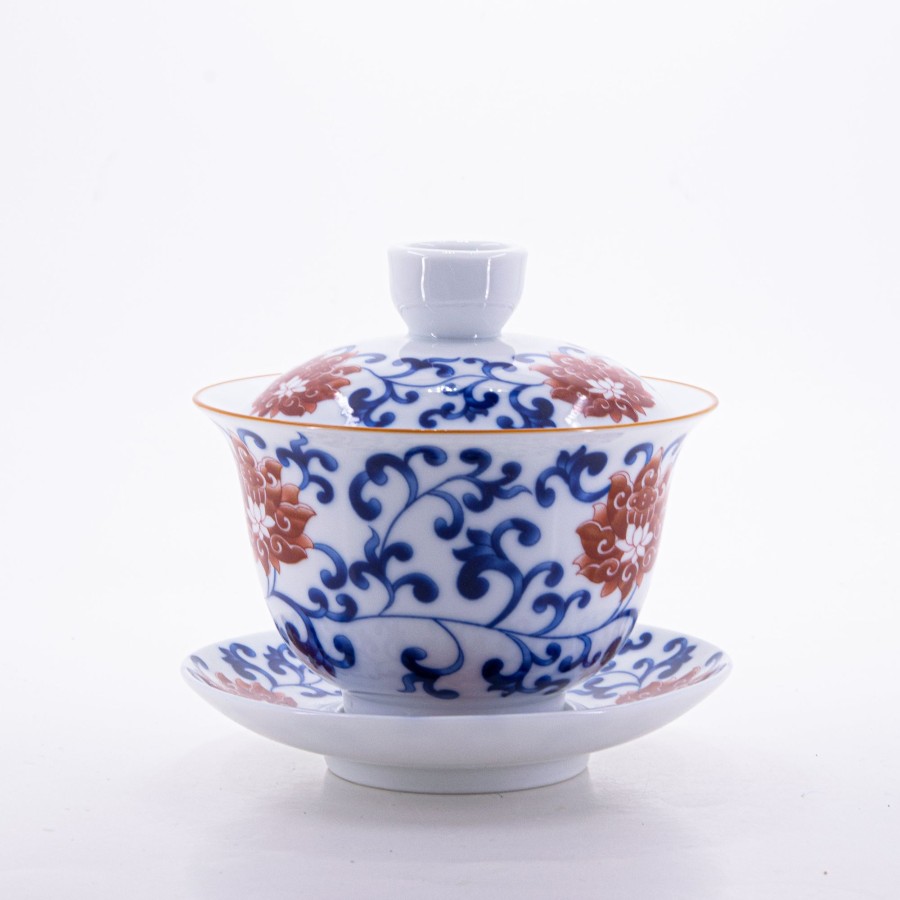 Teaware The Chinese Tea Shop | Brow Rim Blue And White Big Red Flower Porcelain Chan Zhi Lian Design Gaiwan