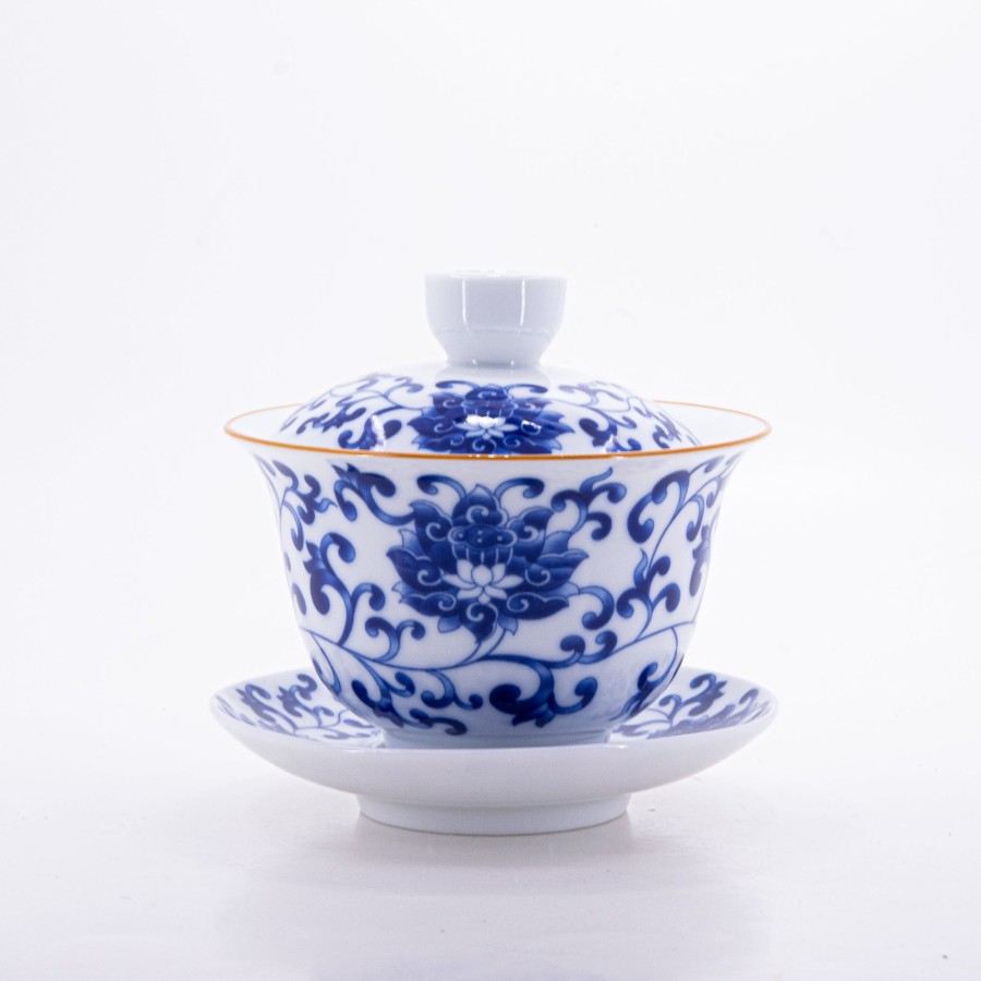 Teaware The Chinese Tea Shop | Brown Rim Blue And White Porcelain Gold Rim Chan Zhi Lian Design Gaiwan #3A