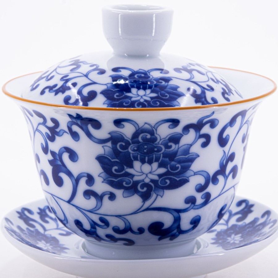 Teaware The Chinese Tea Shop | Brown Rim Blue And White Porcelain Gold Rim Chan Zhi Lian Design Gaiwan #3A